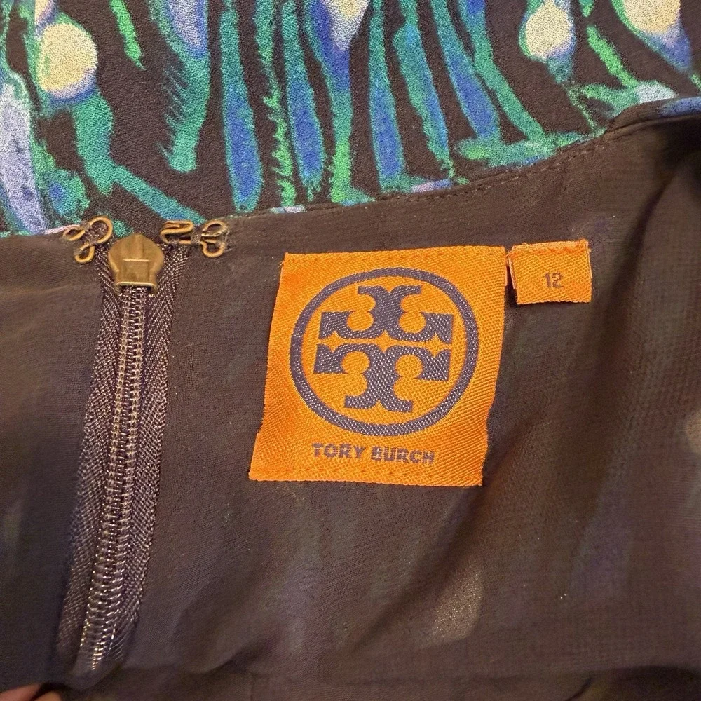 Tory Burch 100% Silk Dress 12 Blue Green Watercolor Knee Length Career Lined EUC